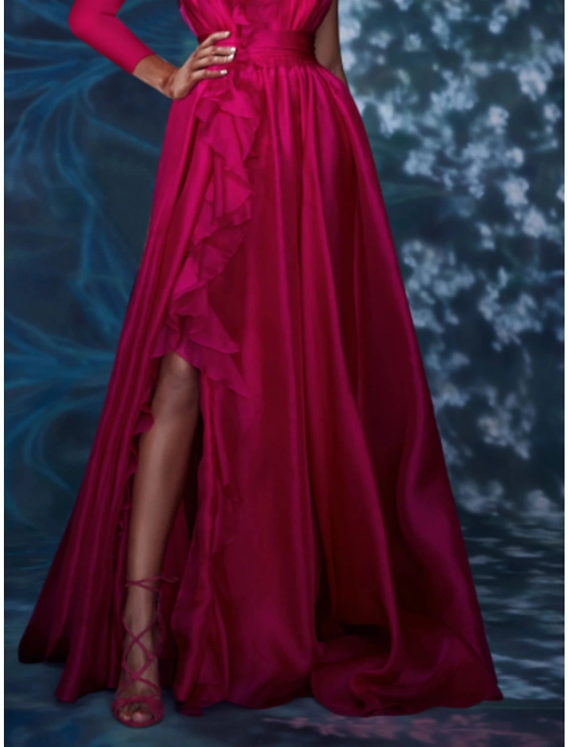 Aimishang A-Line Evening Gown Floral Dress Red Green Dress Wedding Guest Wedding Party Floor Length Long Sleeve V Neck Chiffon with Pleats Slit