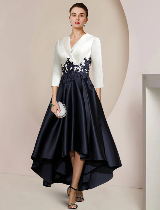 wholesale A-Line Mother of the Bride Dress Formal Wedding Guest Elegant High Low Shirt Collar Asymmetrical Tea Length Satin Lace 3/4 Length Sleeve with Appliques Color Block