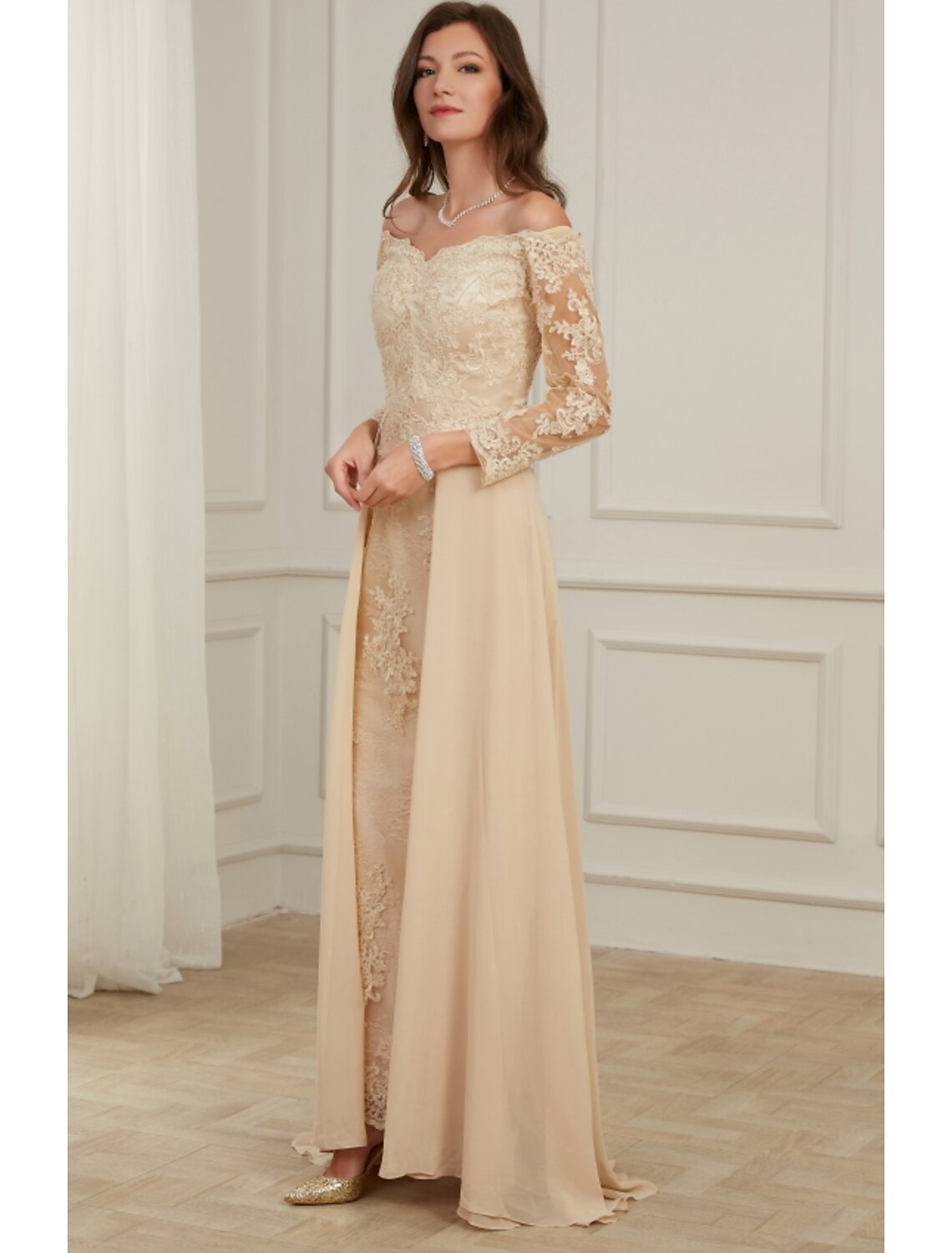 Wholesale A-Line Evening Gown Elegant Dress Wedding Guest Floor Length Long Sleeve Off Shoulder Polyester with Overskirt Appliques