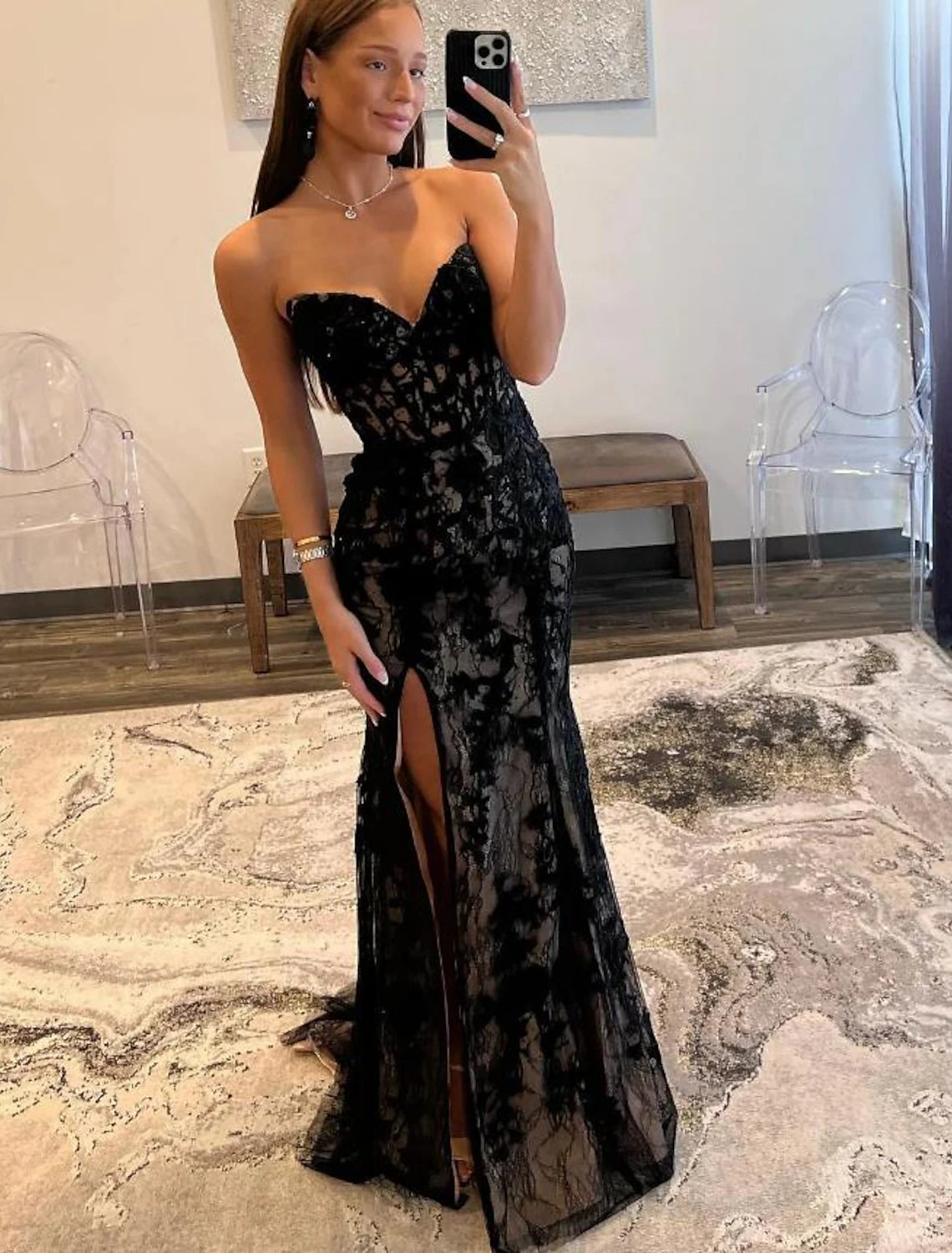 Wholesa A-Line Mermaid / Trumpet Evening Gown Open Back Dress Graduation Prom Sweep / Brush Train Sleeveless Sweetheart Wednesday Addams Family Lace Backless with Glitter Slit Appliques