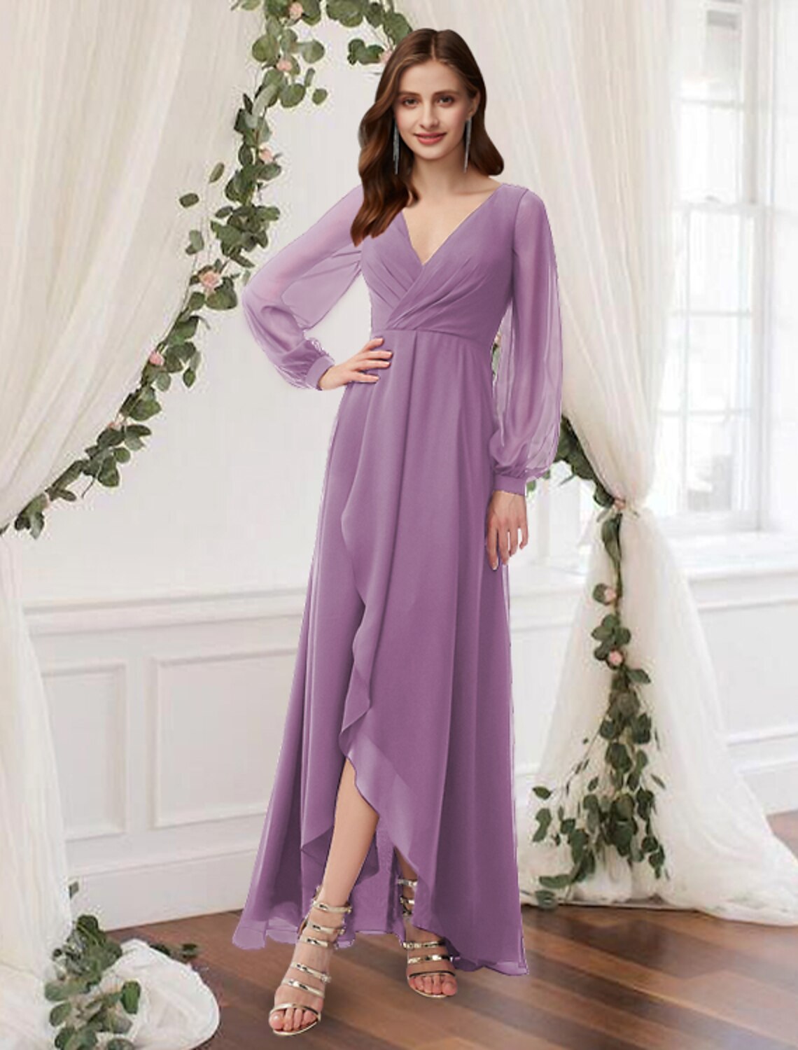 wholesale  A-Line Prom Dresses Empire Dress Wedding Guest Ankle Length Long Sleeve V Neck Chiffon with Pleats