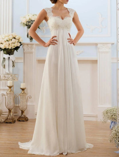 Wholesa Beach Open Back Wedding Dresses A-Line Sweetheart Cap Sleeve Sweep / Brush Train Chiffon Bridal Gowns With Lace Insert