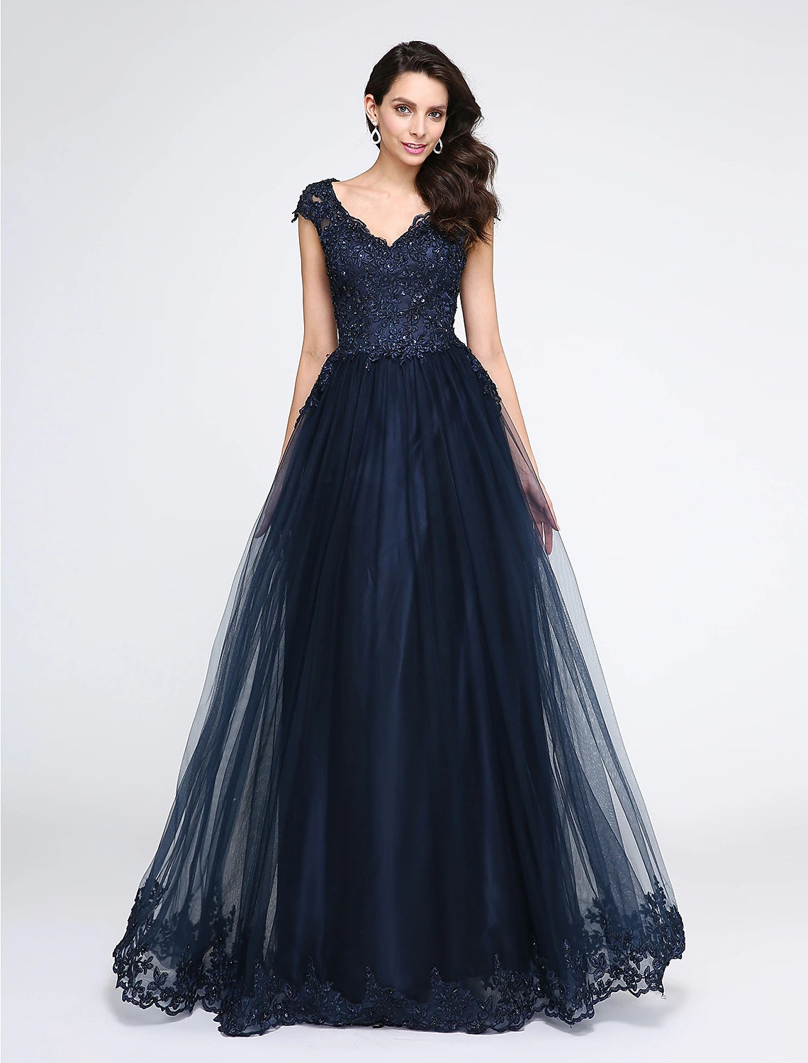 wholesale  A-Line Little Black Dress Dress Wedding Guest Floor Length Sleeveless V Neck Tulle with Appliques