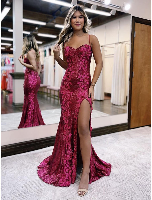 Wholesa Mermaid / Trumpet Evening Gown Sparkle & Shine Dress Formal Prom Sweep / Brush Train Sleeveless Spaghetti Strap Sequined Backless with Sequin Appliques