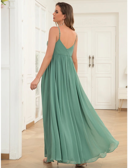 Wholesale A-Line Evening Gown Maternity Dress Wedding Guest Floor Length Sleeveless V Neck Chiffon V Back with Draping