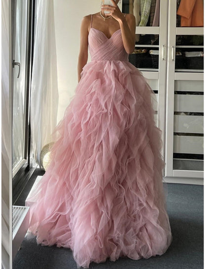 Wholesa A-Line Prom Dresses Elegant Dress Formal Floor Length Sleeveless Spaghetti Strap Tulle with Pleats Ruffles