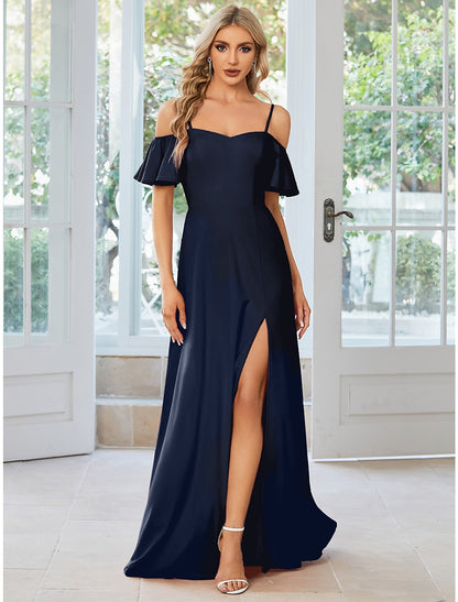 Wholesa A-Line Wedding Guest Dresses High Split Dress Formal Black Tie Floor Length Short Sleeve Off Shoulder Stretch Fabric with Slit Pure Color