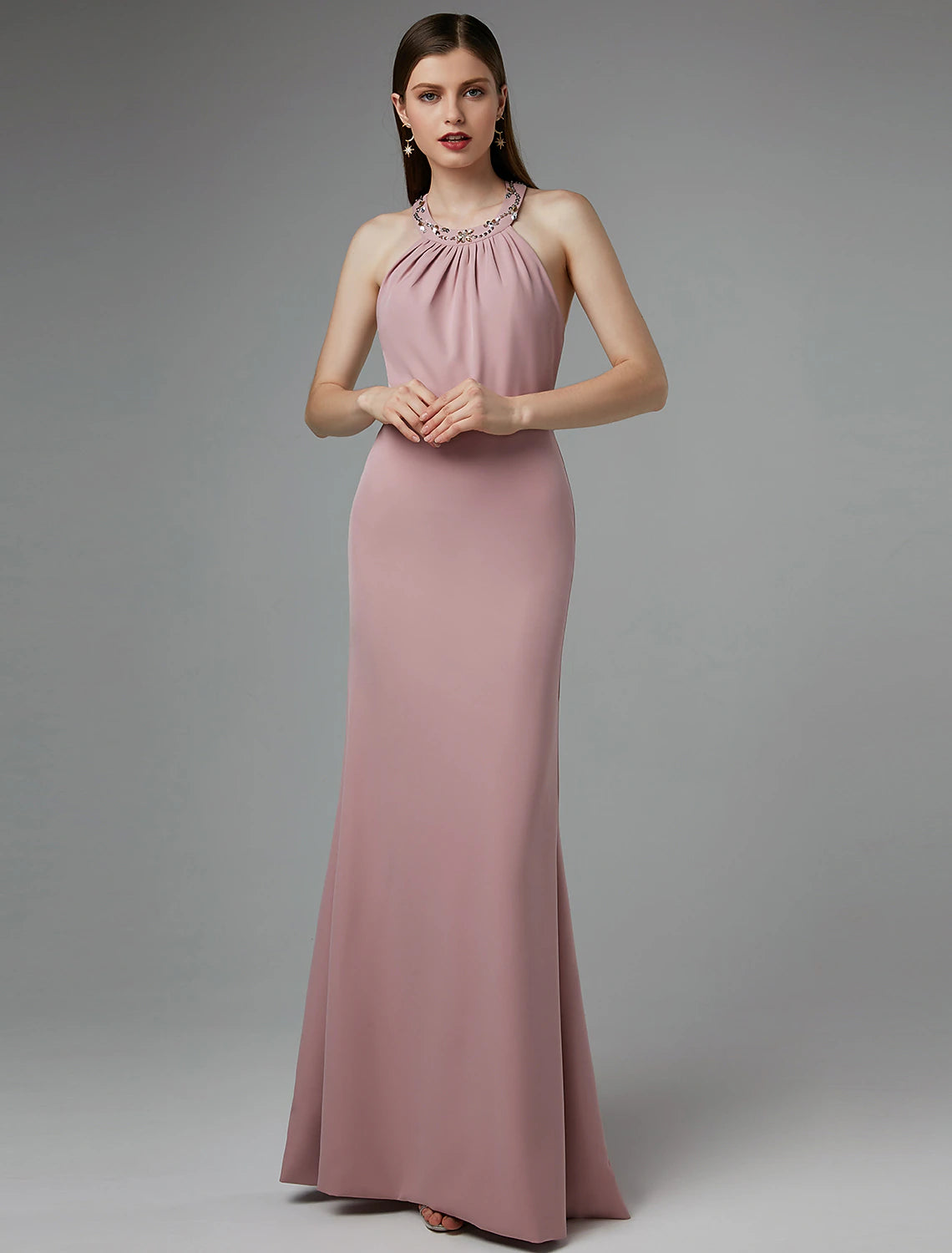 Wholesale Sheath / Column Beautiful Back Dress Wedding Guest Floor Length Sleeveless Halter Spandex Crisscross Back with Beading