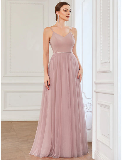 wholesale  A-Line Prom Dresses Vintage Dress Wedding Guest Floor Length Sleeveless V Neck Tulle V Back with Pleats Draping