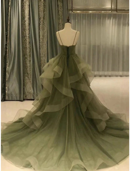 Wholesa A-Line Prom Dresses Elegant Dress Formal Court Train Red Green Dress Sleeveless Spaghetti Strap Tulle with Pleats Ruffles