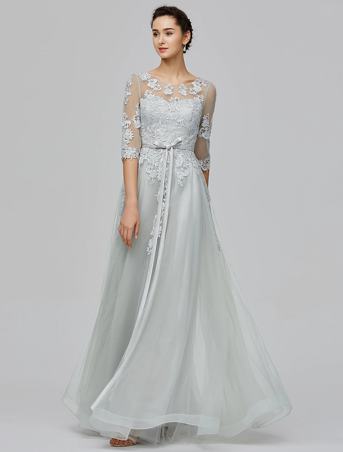 Wholesa A-Line Empire Dress Wedding Guest Prom Floor Length Half Sleeve Illusion Neck Tulle with Bow(s) Appliques