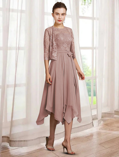 Wholesale Two Piece A-Line Mother of the Bride Dress Elegant Jewel Neck Tea Length Chiffon Lace Half Sleeve Wrap Included with Sash / Ribbon