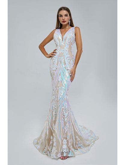 Wholesa Mermaid / Trumpet Evening Gown Sparkle & Shine Dress Wedding Guest Engagement Court Train Sleeveless V Neck Sequined with Sequin