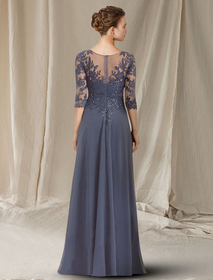 wholesale A-Line Mother of the Bride Dress Elegant V Neck Floor Length Chiffon Lace Sequined Half Sleeve with Sequin Appliques