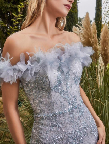 Wholesa Mermaid / Trumpet Prom Dresses Sparkle Dress Graduation Prom Sweep / Brush Train Sleeveless Off Shoulder Organza with Rhinestone Feather Glitter