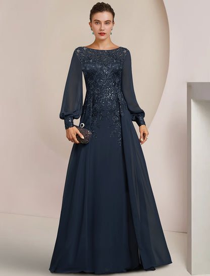 Wholesa Sheath / Column Mother of the Bride Dress Formal Wedding Guest Elegant Scoop Neck Floor Length Chiffon Lace Long Sleeve with Sequin Appliques