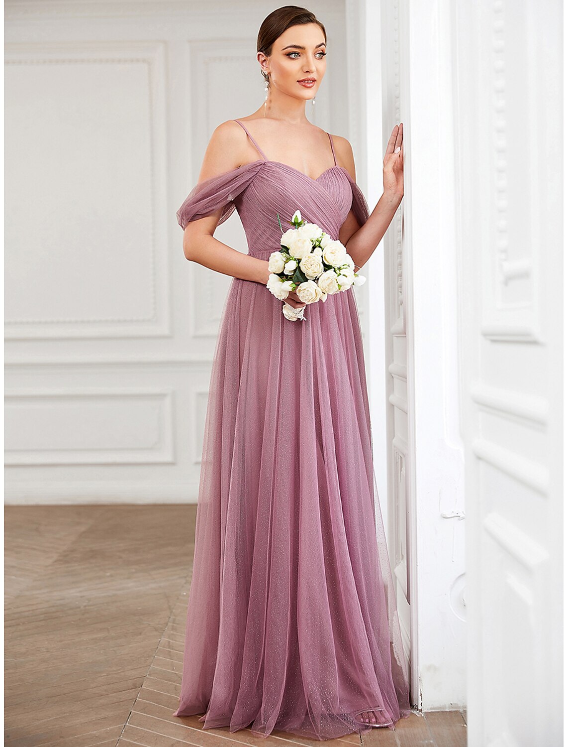 Wholesale A-Line Prom Dresses Elegant Dress Wedding Guest Floor Length Sleeveless V Neck Tulle with Pleats