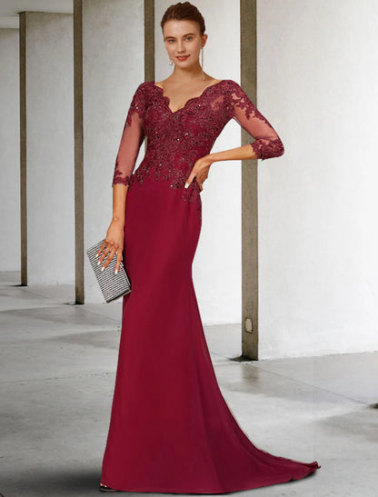 Wholesa  Mermaid / Trumpet Mother of the Bride Dress Luxurious Elegant V Neck Court Train Lace Stretch Chiffon 3/4 Length Sleeve with Sequin Appliques