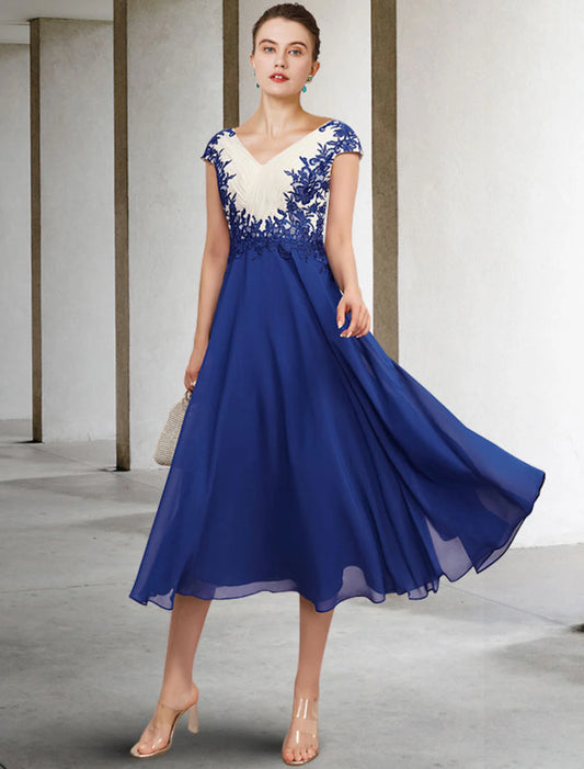 Wholesale A-Line Mother of the Bride Dress Plus Size Elegant V Neck Tea Length Chiffon Lace Cap Sleeve with Appliques Side-Draped Color Block