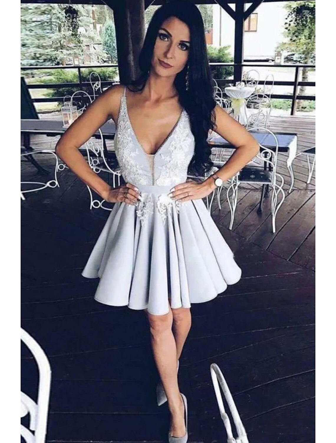 wholesale  A-Line Cocktail Dresses Party Dress Graduation Short / Mini Sleeveless V Neck Satin Backless with Beading Appliques