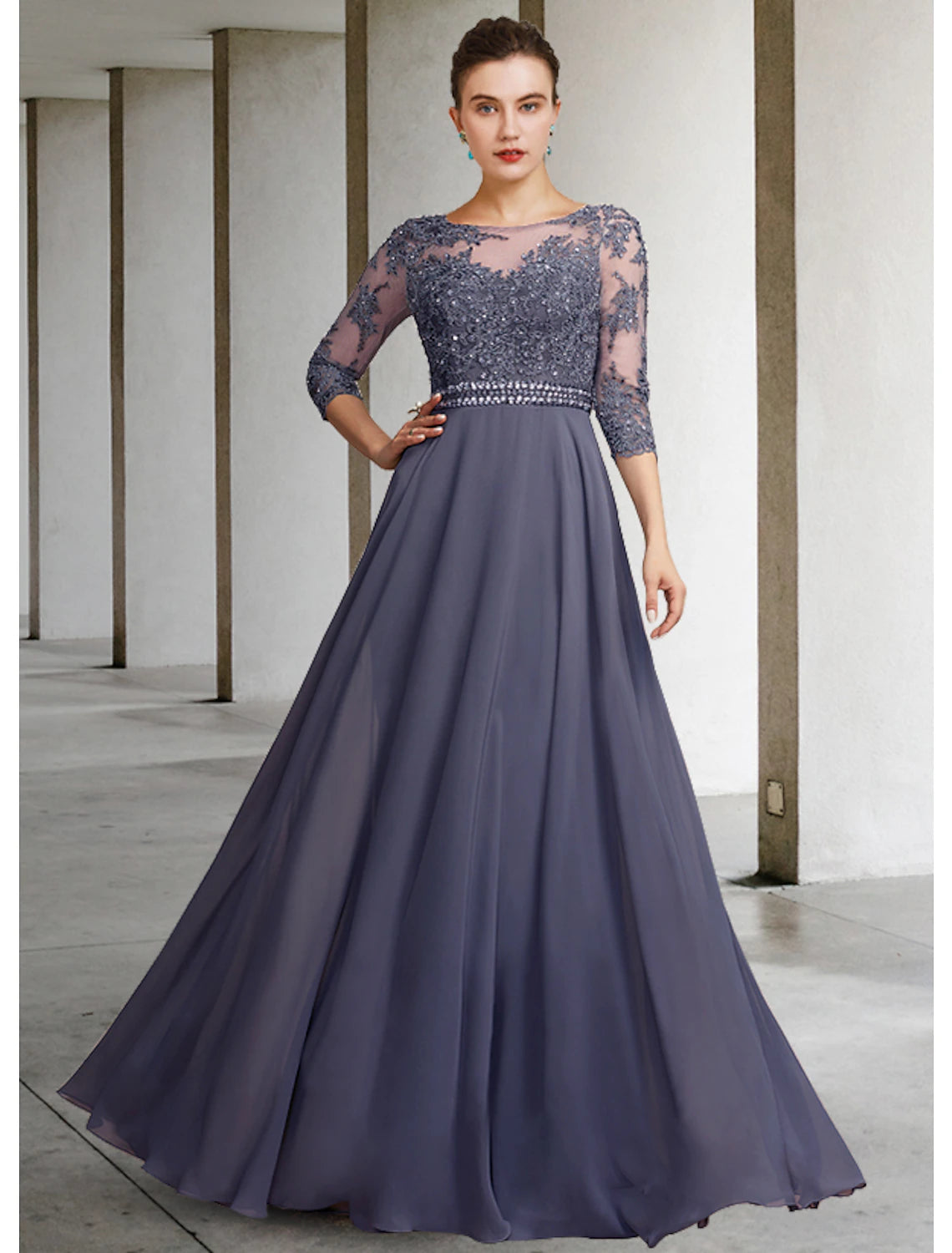 wholesale A-Line Mother of the Bride Dress Elegant Jewel Neck Floor Length Chiffon Lace 3/4 Length Sleeve with Pleats Appliques