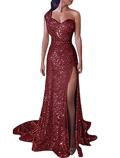 Wholesa  Mermaid Dress Evening Dresses Christmas Red Green Dress Sparkle & Shine Dress Prom Formal Evening Court Train One Shoulder Sleeveless Sequined with Sequin Slit