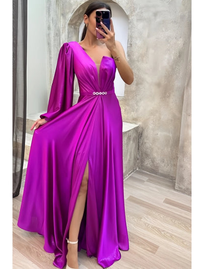 Wholesa A-Line Evening Gown High Split Dress Formal Fall Sweep / Brush Train Long Sleeve One Shoulder Satin with Pleats Crystals Slit