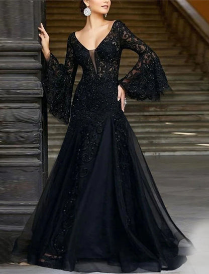 Wholesa A-Line Evening Gown Black Dress Vintage Formal Wedding Guest Floor Length Long Sleeve V Neck Lace with Appliques