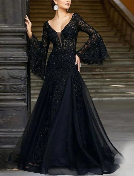 Wholesa A-Line Evening Gown Black Dress Vintage Formal Wedding Guest Floor Length Long Sleeve V Neck Lace with Appliques