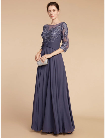 Wholesa A-Line Mother of the Bride Dress Wedding Guest Elegant Scoop Neck Floor Length Chiffon Lace 3/4 Length Sleeve with Ruching Solid Color