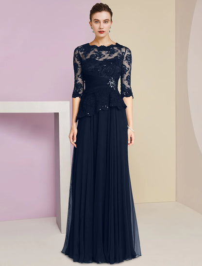 Wholesa A-Line Mother of the Bride Dress Formal Wedding Guest Elegant Scoop Neck Floor Length Chiffon Lace Half Sleeve with Pleats Appliques Crystal Brooch