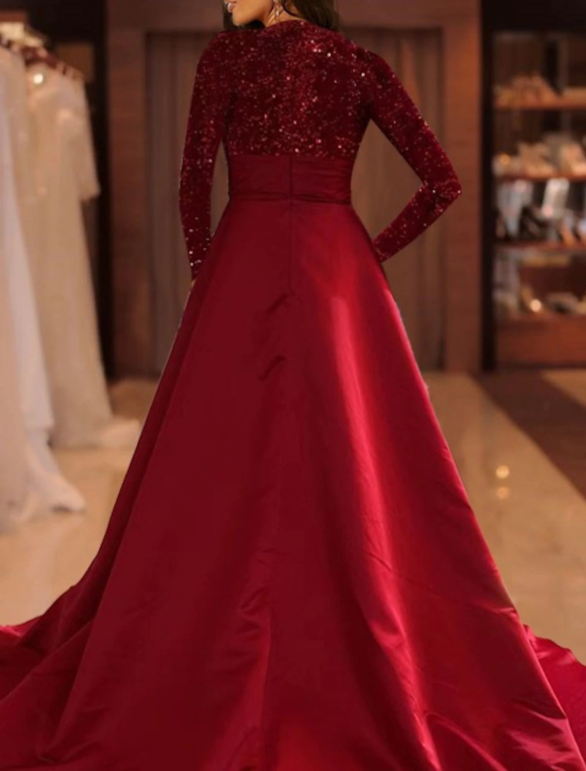 Wholesa A-Line Evening Gown Sparkle Red Green Dress Formal Cocktail Party Court Train Long Sleeve High Neck Fall Wedding Guest Satin with Sequin