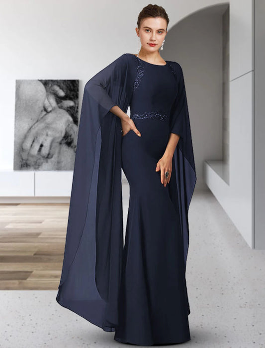 Wholesa Sheath / Column Mother of the Bride Dress Elegant Jewel Neck Floor Length Chiffon Long Sleeve with Sash / Ribbon Appliques