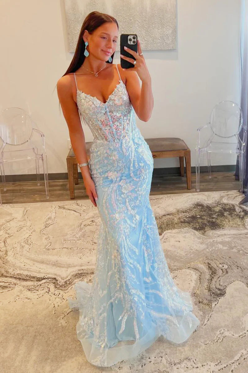 Wholesa Light Blue Sequins Appliques V Neck Long Prom Dresses