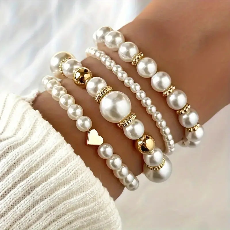 Wholesale 4-Piece White Faux Pearl Beaded Bracelet Set, Bohemian & Vacation Style, Timeless Handcrafted Jewelry, Elegant & Dainty with Adjustable Fit, Perfect Fashion Accessory for Any Occasion