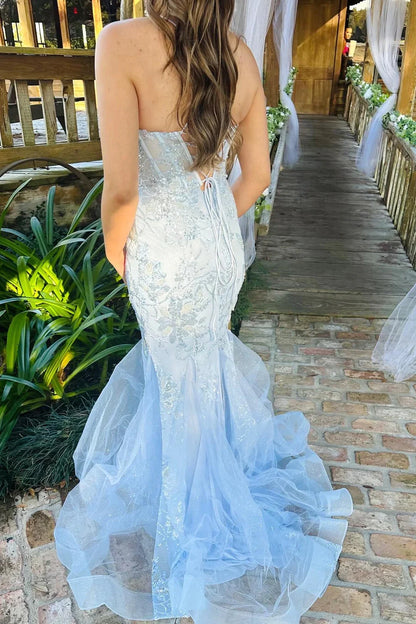 Wholesa Light Blue Scoop Neck Sequin Lace Trumpet Long Prom Dresses