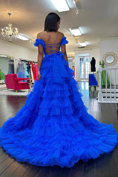 Wholesale Royal Blue Off the Shoulder Evening Dress Ruffle Tiered Tulle Long Prom Dresses with Slit