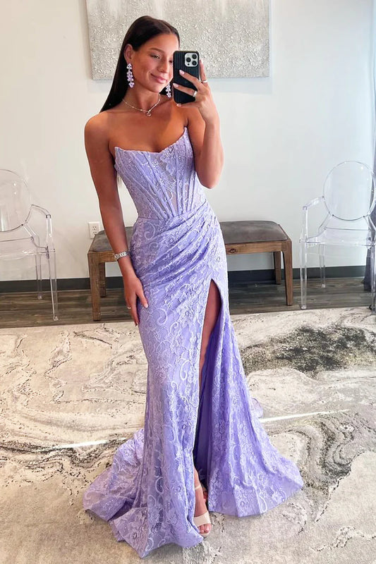 Wholesa Lavender Lace Strapless Mermaid Long Prom Dresses with Slit