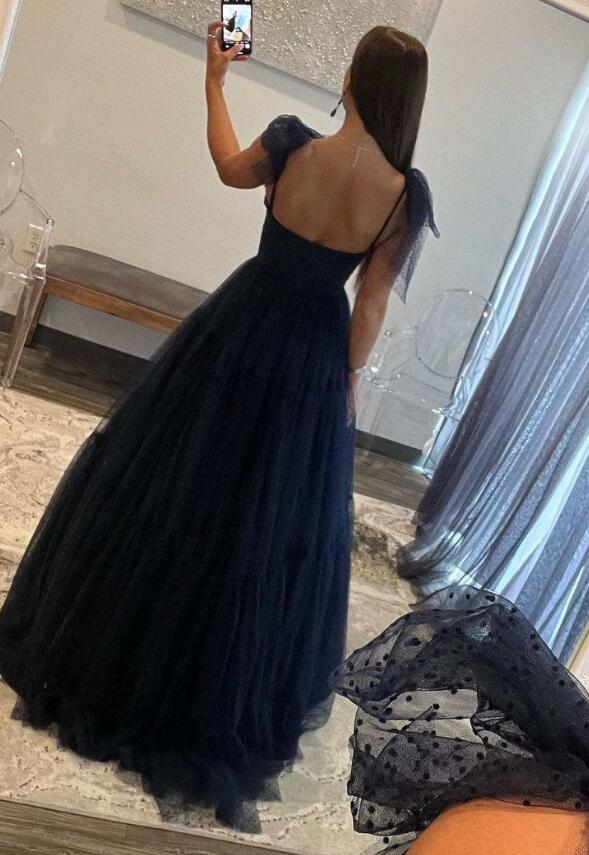 Wholesa Dark Blue Sweetheart Tie Straps Tulle A-Line Long Prom Dress