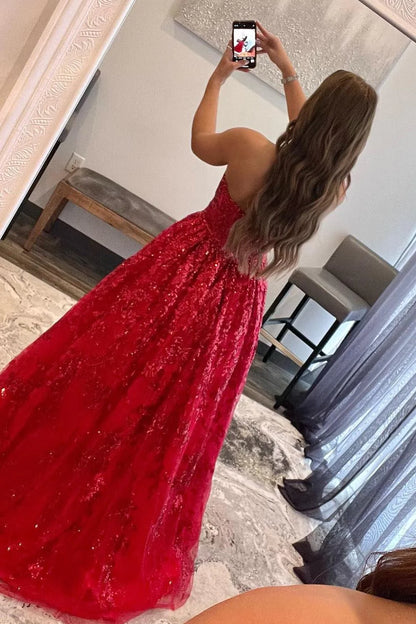 Wholesa Red A-Line Strapless Sequin Lace Prom Dresses