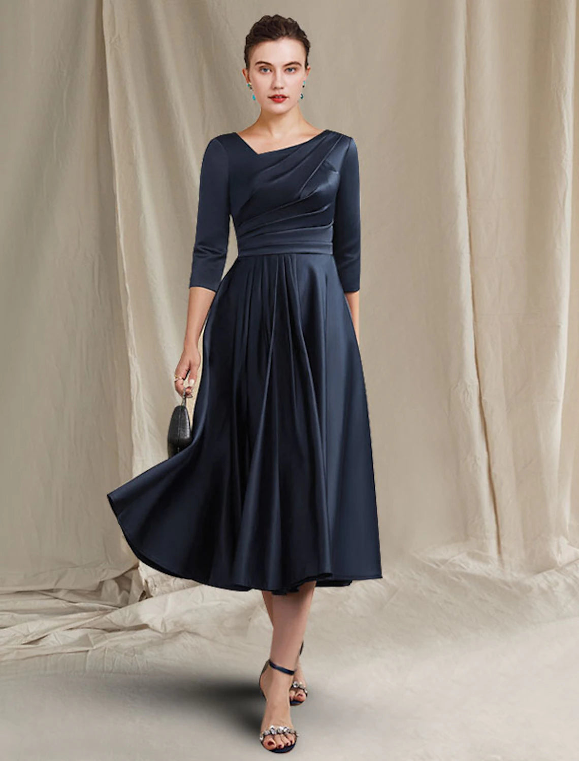 wholesale   A-Line Mother of the Bride Dress Elegant Bateau Neck V Neck Tea Length Satin Half Sleeve with Pleats Ruched