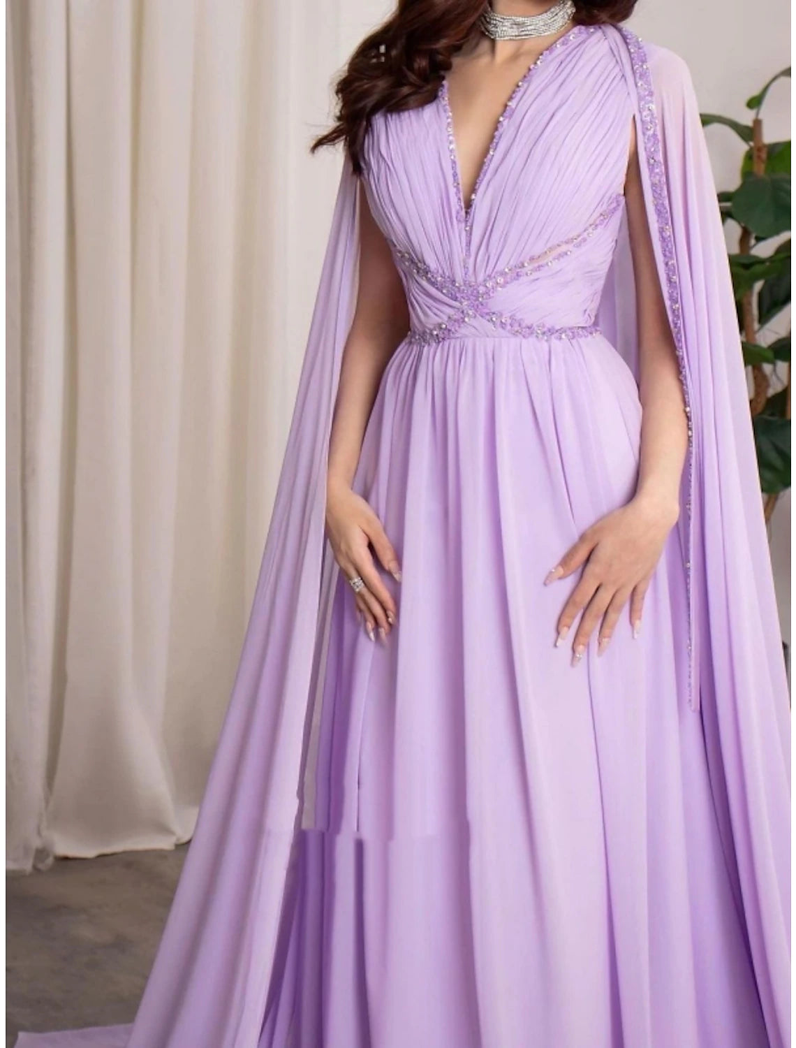 Wholesa A-Line Evening Gown Elegant Dress Formal Fall Court Train Long Sleeve V Neck Chiffon with Pleats Sequin