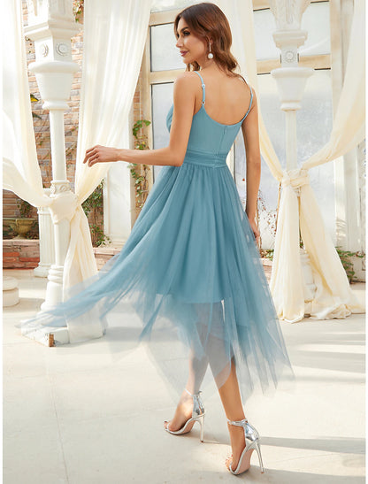 wholesale  A-Line Flirty Cute Cocktail Party Dress V Neck Sleeveless Asymmetrical Tulle with Pearls Tier