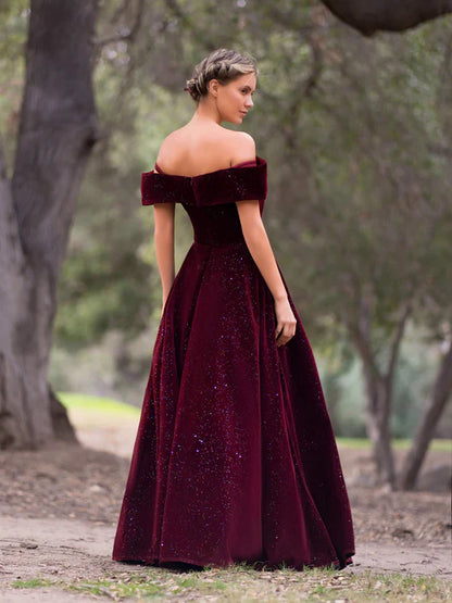 Wholesale Elegant Bateau Evening Dress Neckline Velvet Floor Length Prom Dress