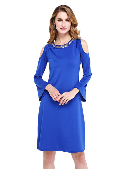 Wholesa Sheath / Column Mother of the Bride Dress Elegant Jewel Neck Knee Length Jersey Long Sleeve No with Beading