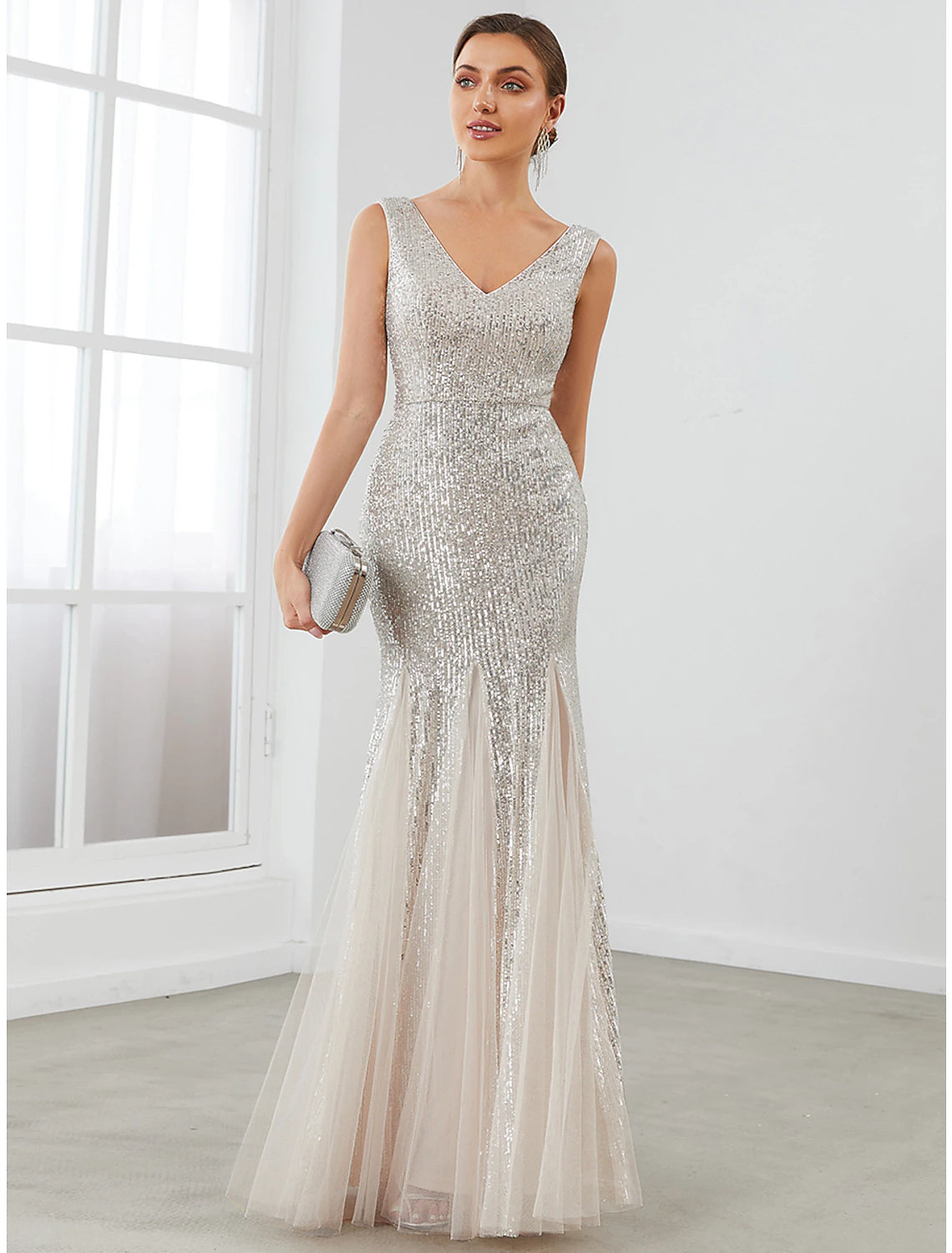 Wholesa Mermaid / Trumpet Evening Gown Sparkle & Shine Dress Formal Evening Floor Length Sleeveless V Neck Sequined V Back with Sequin Pure Color