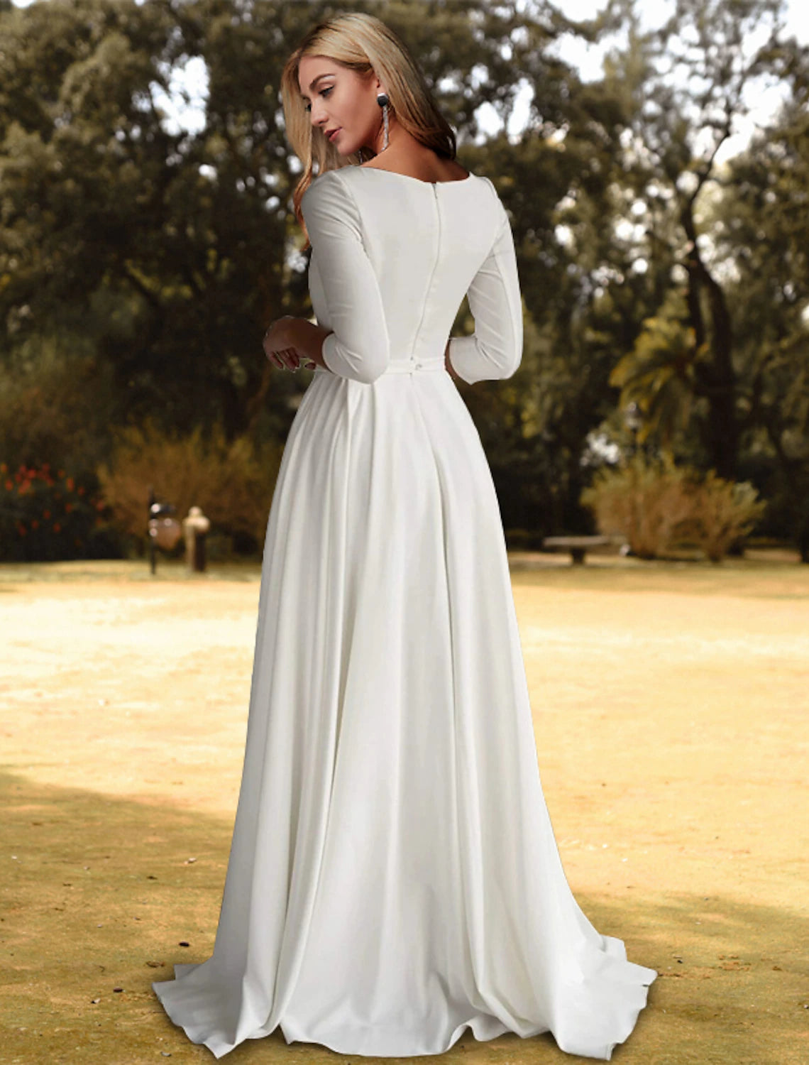 Wholesale Hall Casual Fall Wedding Dresses A-Line Scoop Neck 3/4 Length Sleeve Sweep / Brush Train Stretch Fabric Bridal Gowns With Pleats Solid Color 2023 Summer Wedding Party