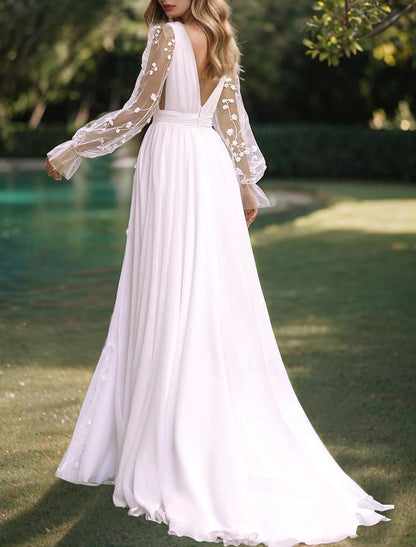 Wholesa Beach Wedding Dresses A-Line V Neck Long Sleeve Floor Length Chiffon Bridal Gowns With Solid Color