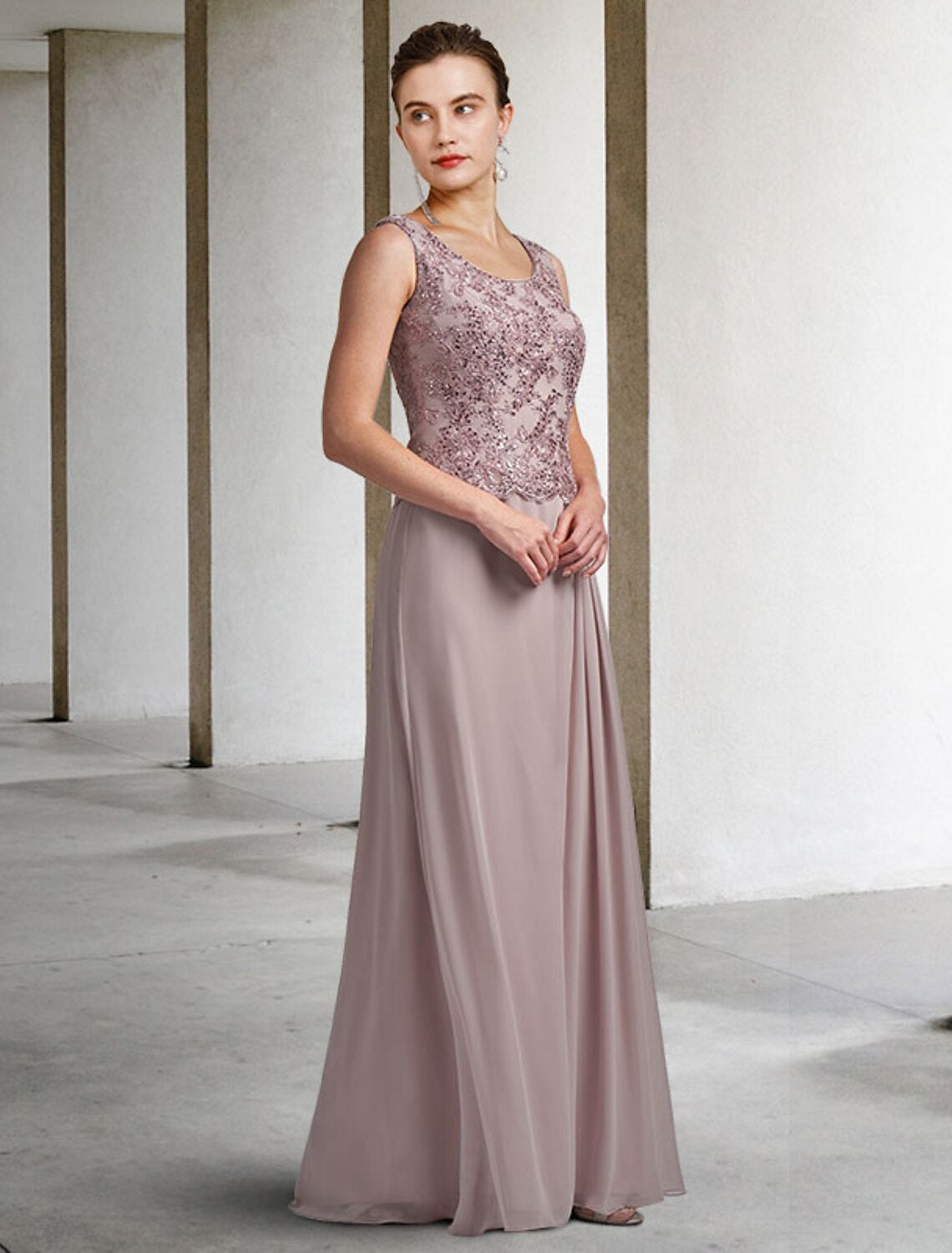 wholesale  Two Piece Sheath / Column Mother of the Bride Dress Plus Size Elegant Jewel Neck Floor Length Chiffon Lace Sleeveless Wrap Included with Sequin Appliques