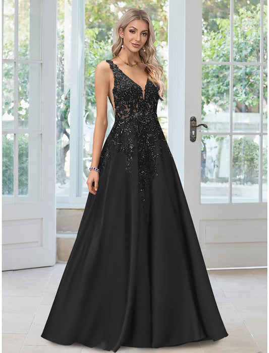 Wholesale A-Line Evening Gown Black Dress Formal Floor Length Sleeveless V Neck Lace with Appliques